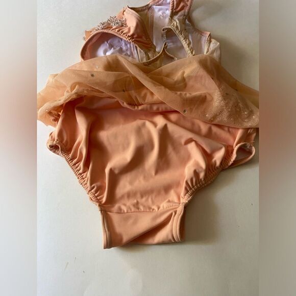 Glamour solo custom dance costume lyrical peach rhinestone mesh dress CXL adu XS - Picture 10 of 10